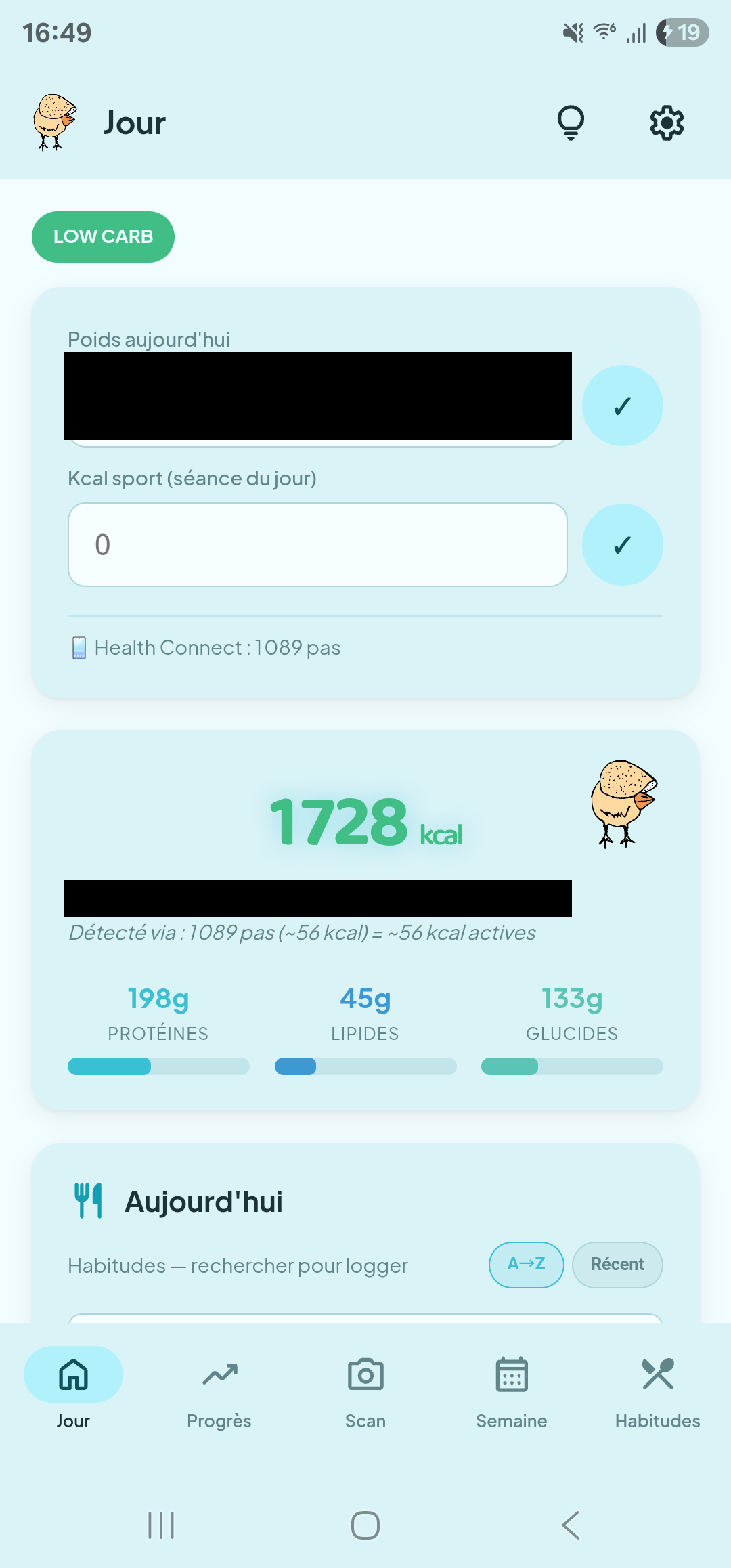 Today screen — day-type detection, macro targets, quick logging