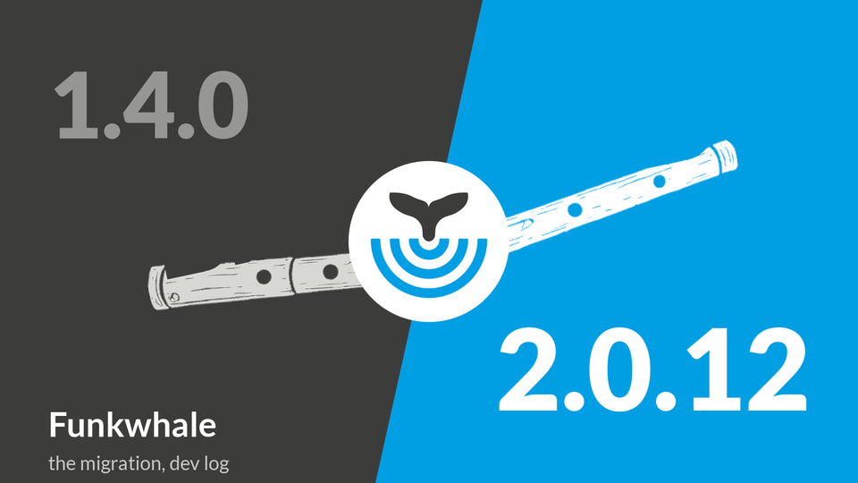 Funkwhale logo on the seam between 1.4.0 and 2.0.12, with a broken flute